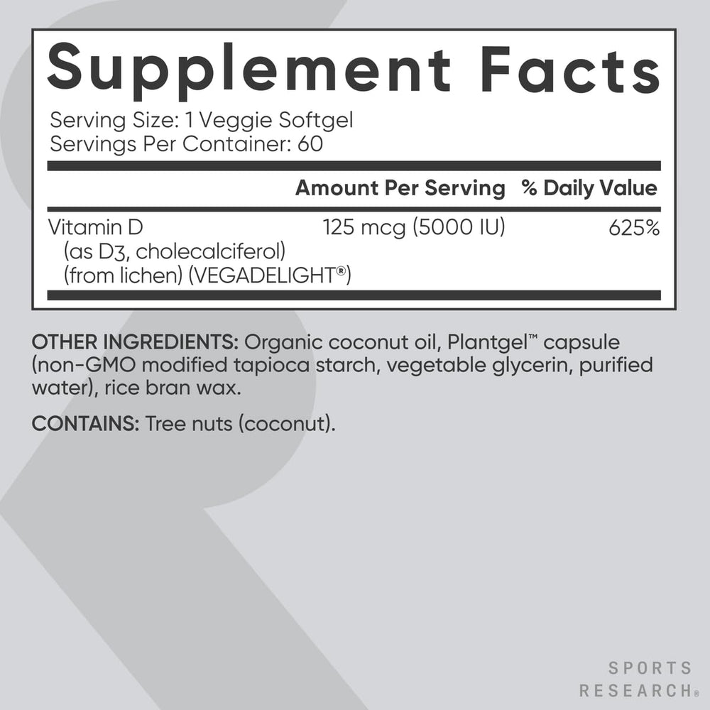 Vegan-certified badge visible on Sports Research Vitamin D3 bottle