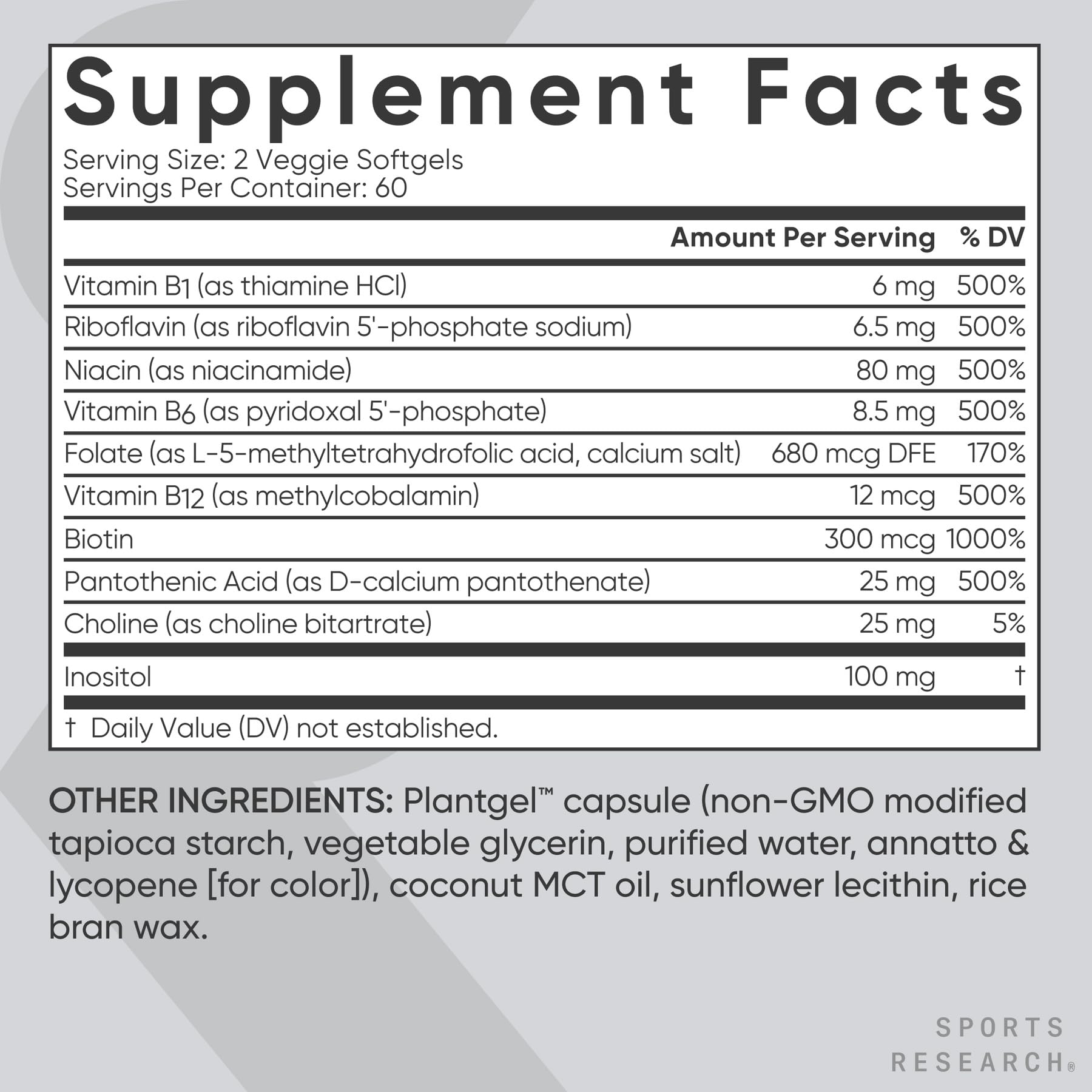 Sports Research Vitamin B-Complex packaging; vegan capsule and gluten-free promise.