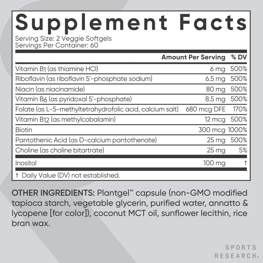 Sports Research Vitamin B-Complex packaging; vegan capsule and gluten-free promise.