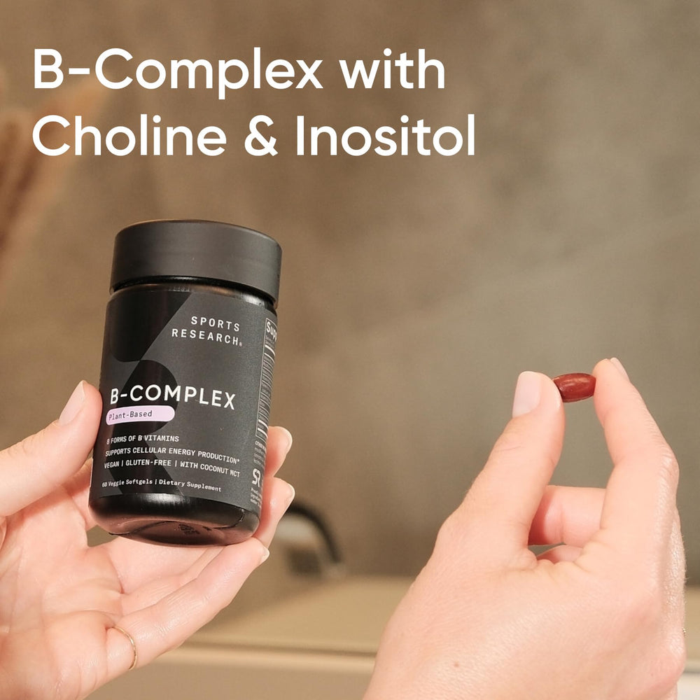 Sports Research Vitamin B-Complex veggie softgels inside bottle; plant-based convenience.