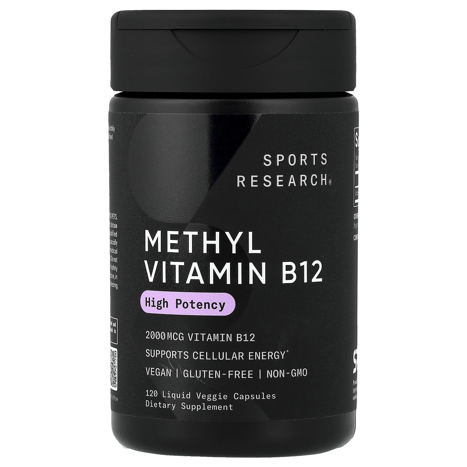 Sports Research Vitamin B12 bottle showing methylcobalamin for energy metabolism support