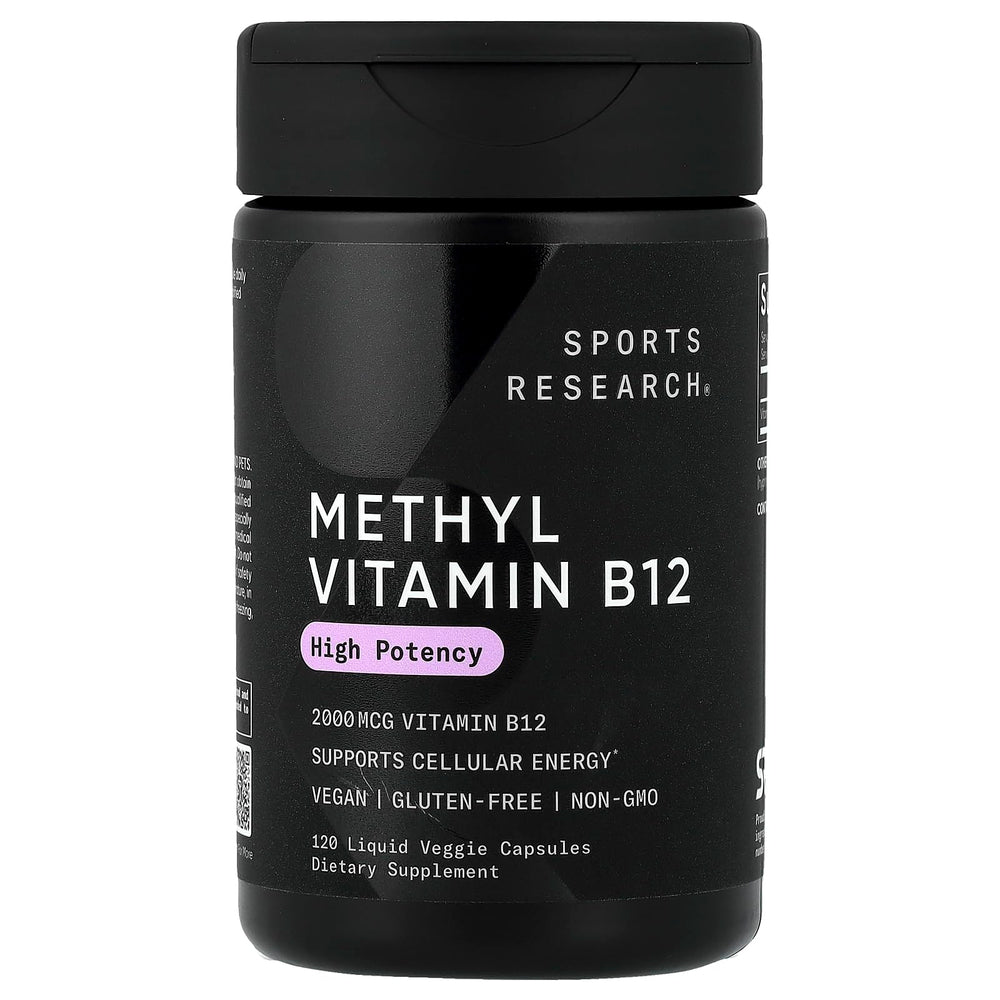Sports Research Vitamin B12 bottle showing methylcobalamin for energy metabolism support