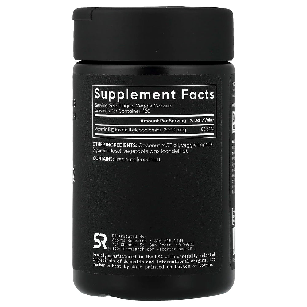 Sports Research Vitamin B12 capsules shown for vegan, gluten-free energy support