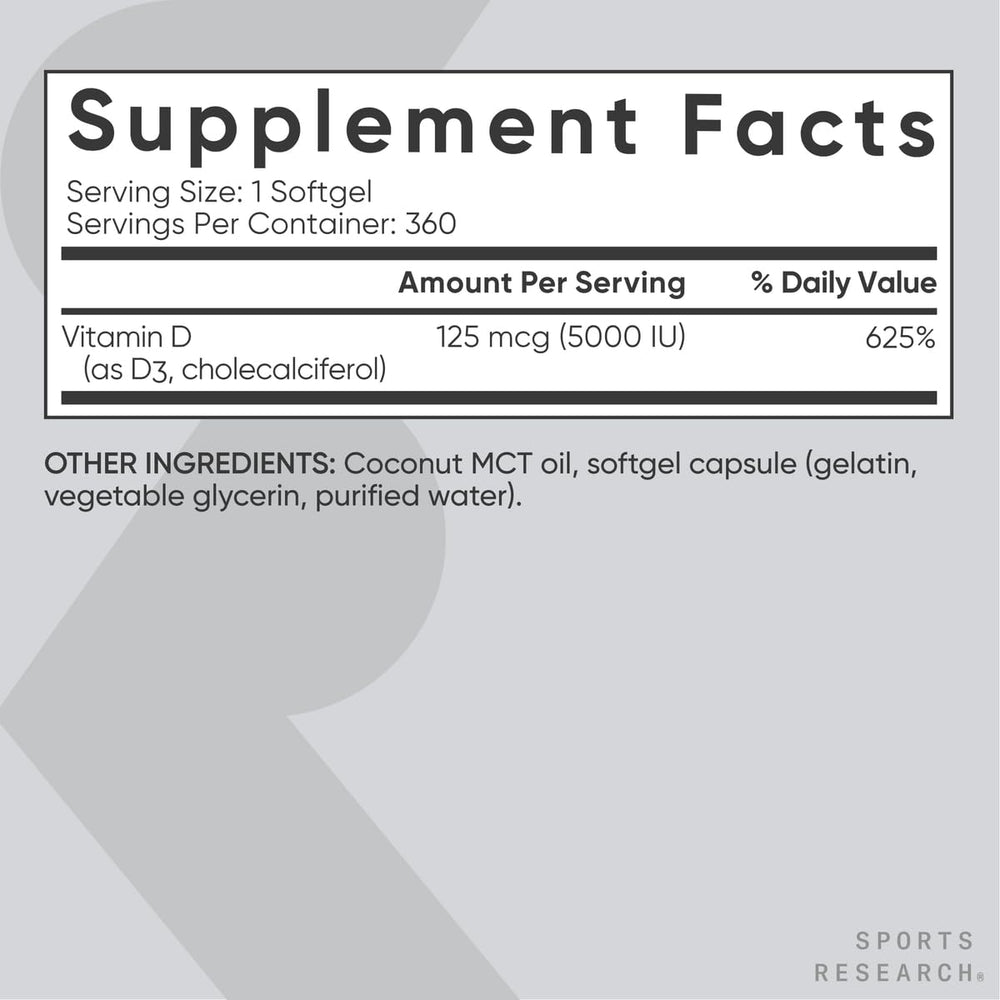 Sports Research Vitamin D3 bottle displaying Non-GMO and gluten-free badges.