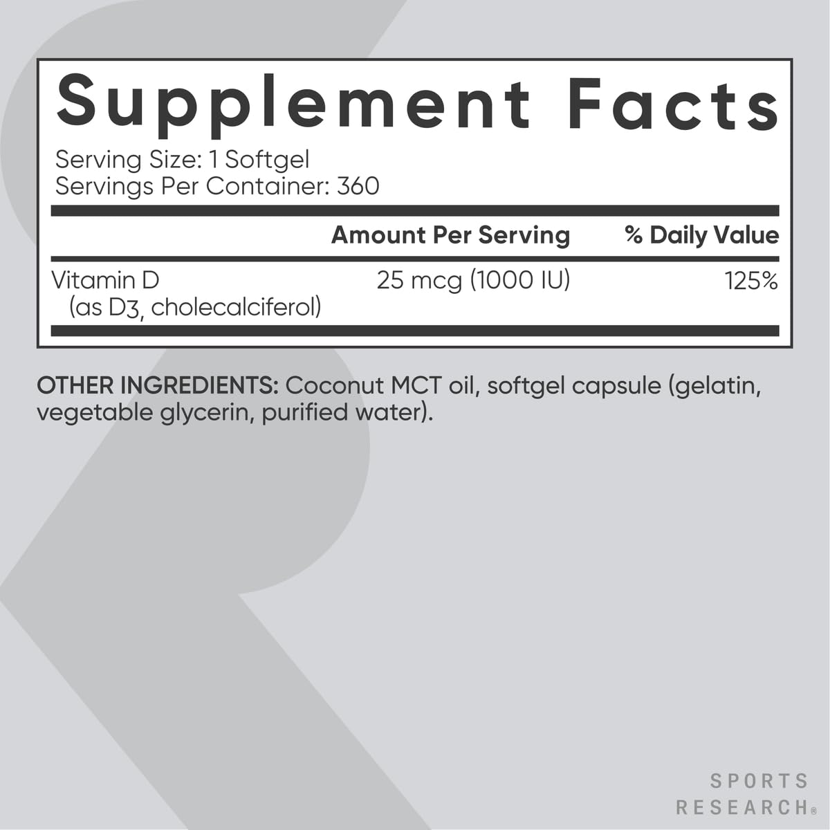 Gluten-free icon visible on Sports Research Vitamin D3 packaging