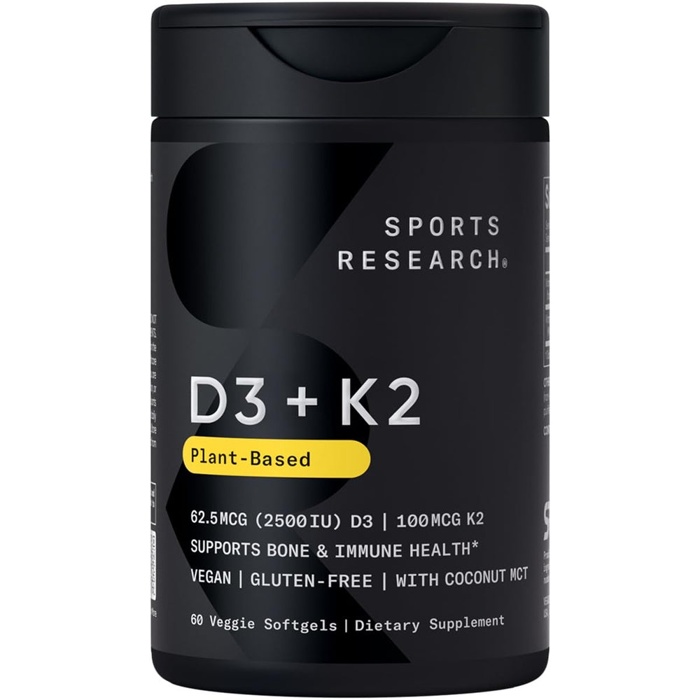 Sports Research vitamin D3 + K2 bottle shows plant-based, bone-supporting supplement.