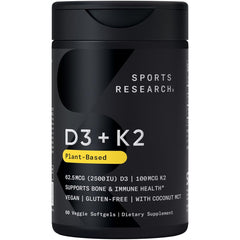 Sports Research vitamin D3 + K2 bottle shows plant-based, bone-supporting supplement.
