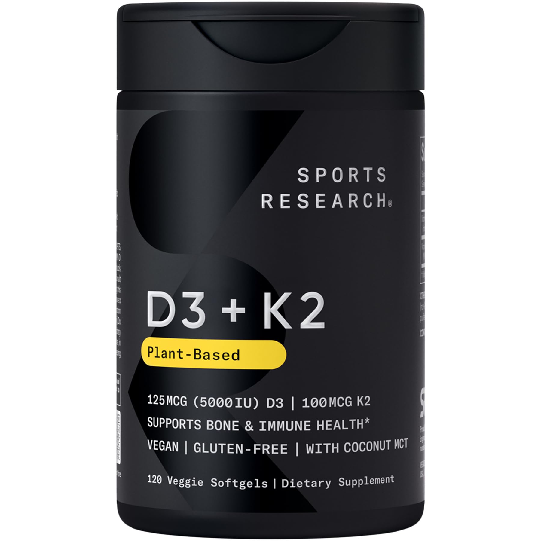 Sports Research vitamin D3 + K2 softgels bottle highlighting vegan formula for bone support