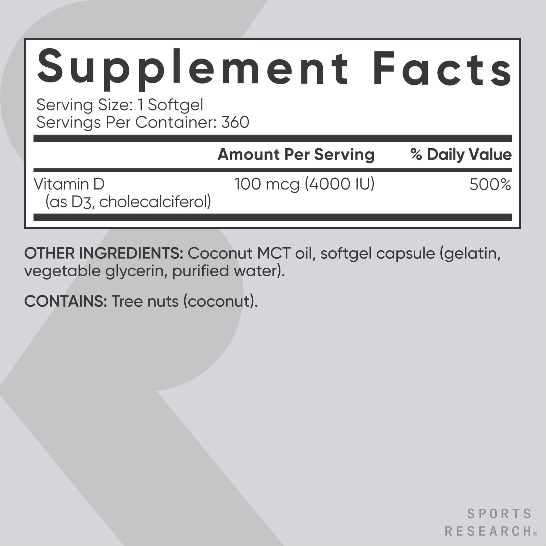 Sports Research Vitamin D3 non-GMO seal on bottle.