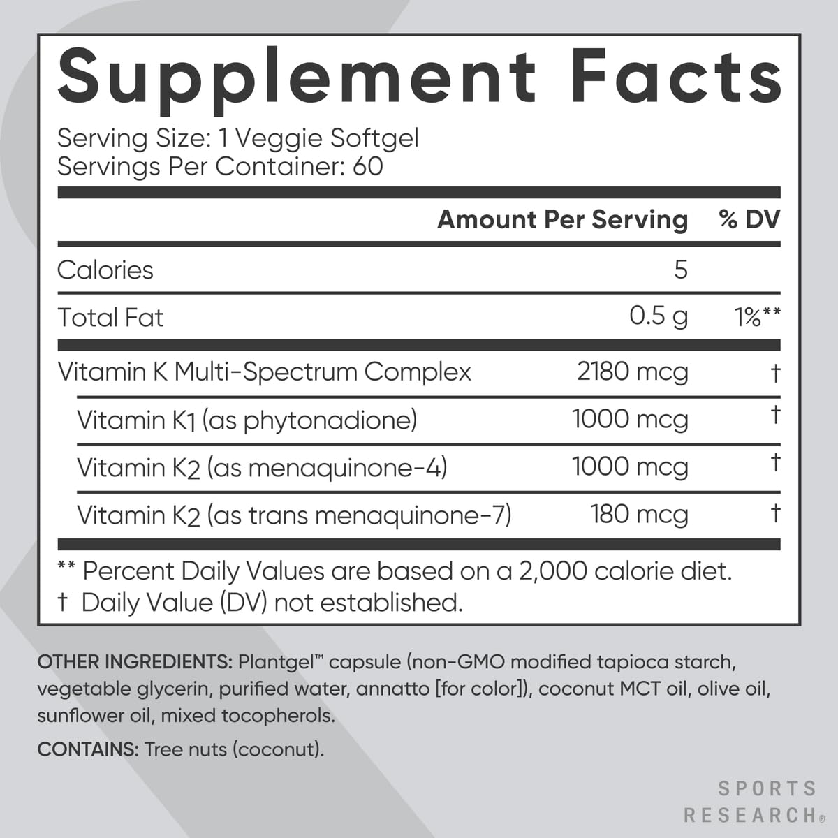 Sports Research Vitamin K Multi-Spectrum daily dose bottle lists 1000 mcg K1 and 1180 mcg K2
