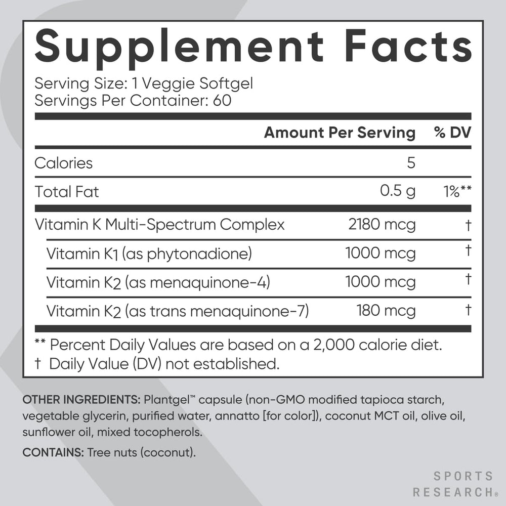 Sports Research Vitamin K Multi-Spectrum daily dose bottle lists 1000 mcg K1 and 1180 mcg K2