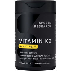 Sports Research Vitamin K2 MK7 bottle front highlights vegan, gluten-free formula for bone support potential.