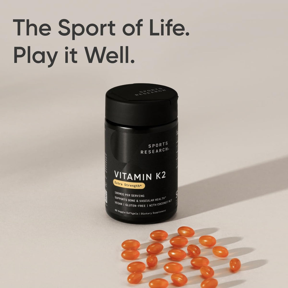 Sports Research Vitamin K2 MK7 non-GMO logo highlights transparency and testing.