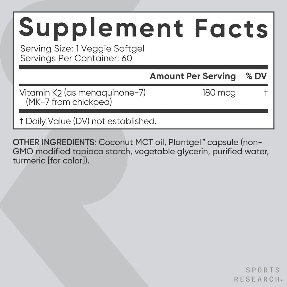 Sports Research Vitamin K2 MK7 vegan-certified logo emphasizes plant-based quality.