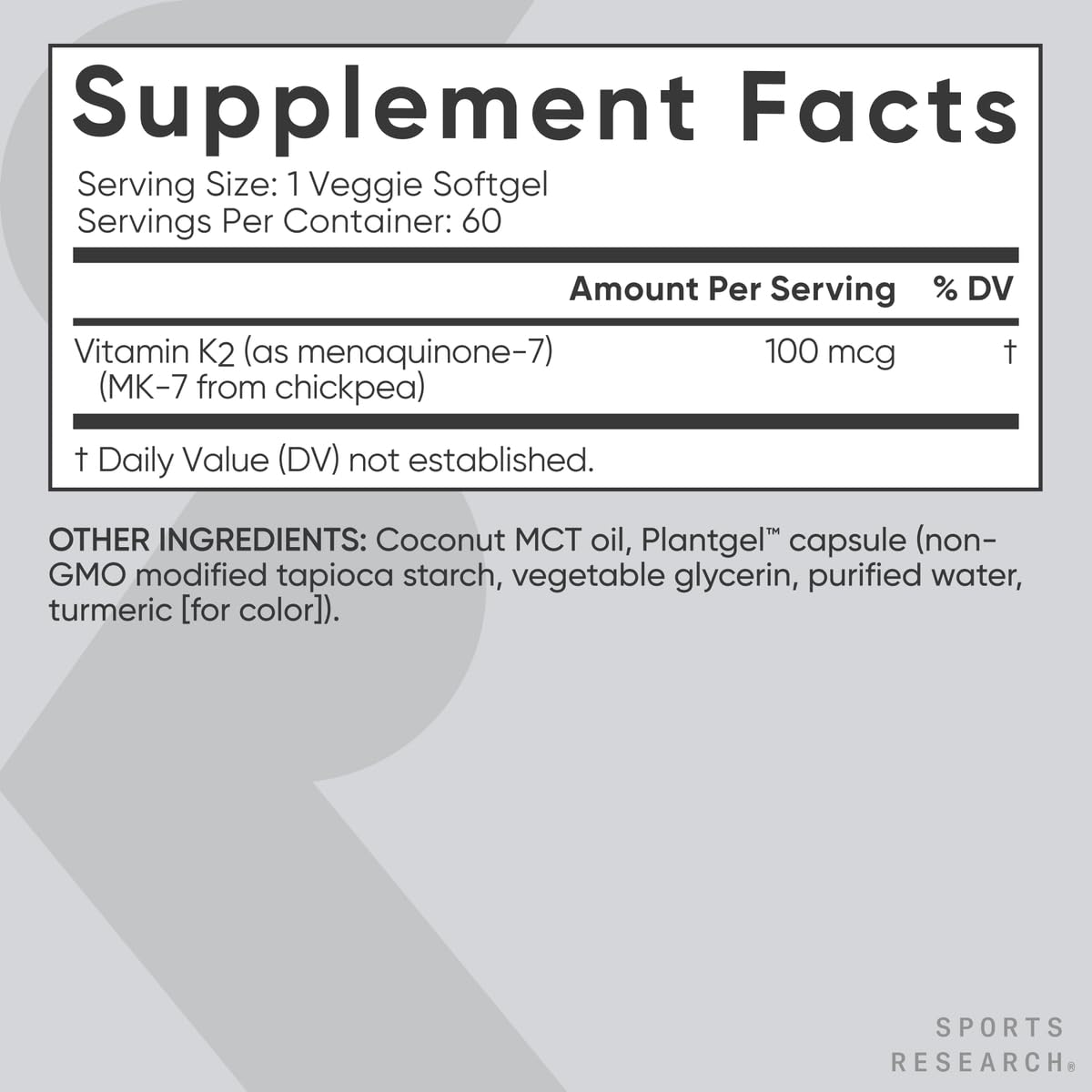 Sports Research Vitamin K2 MK-7 vegan-certified label indicates plant-based sourcing.