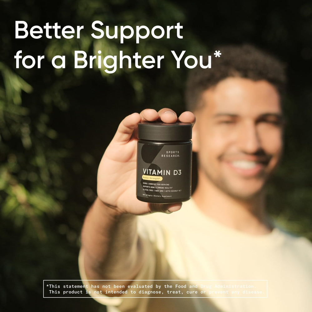 Sports Research Vitamina D3 envase compacto para llevar en la rutina diaria.