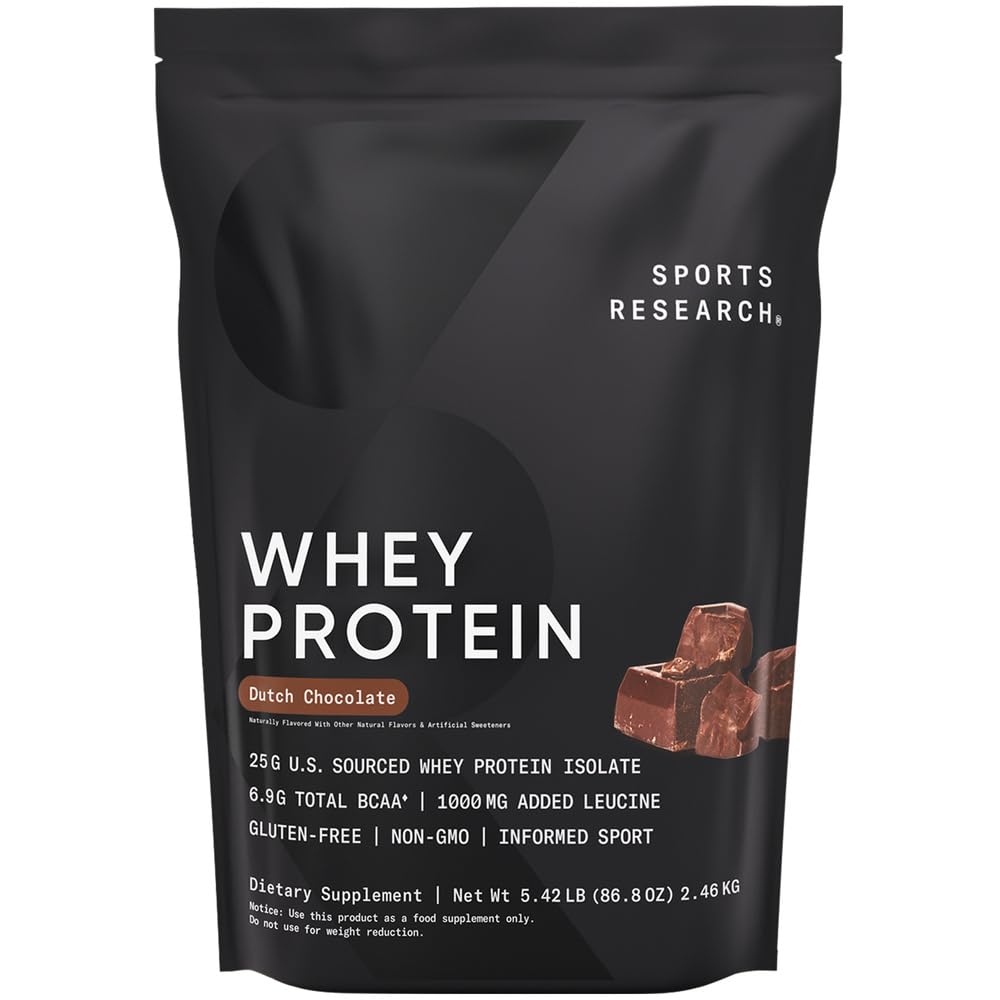 Sports Research Whey Protein bag in Dutch Chocolate flavor for lean muscle support.