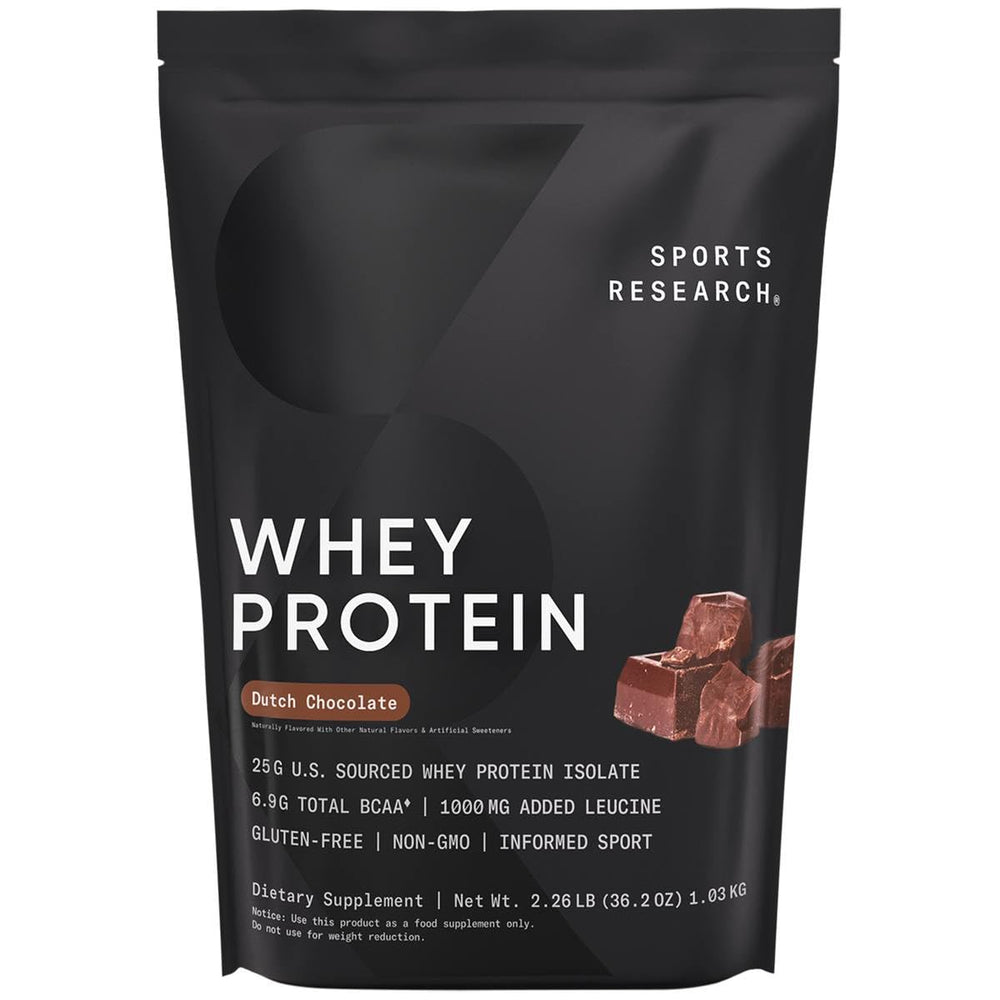 Sports Research Whey Protein Isolate Dutch Chocolate bottle shows rich flavor for post-workout shakes