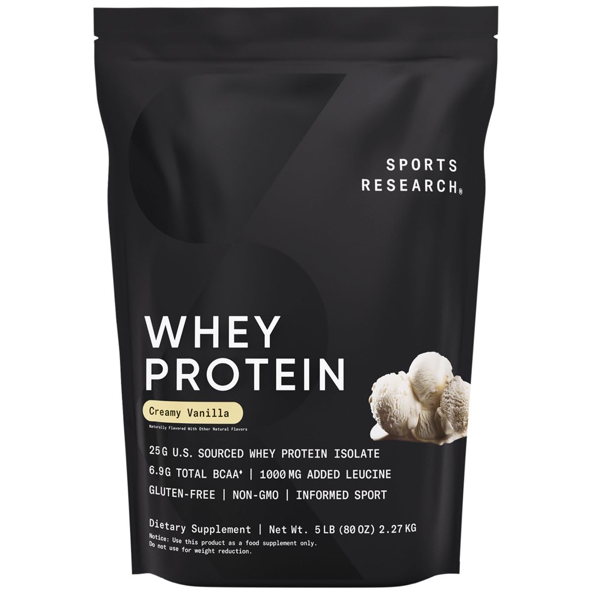 Sports Research Whey Protein Vanilla bottle front shows US-sourced protein for workouts