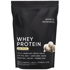 Sports Research Whey Protein Vanilla bottle front shows US-sourced protein for workouts