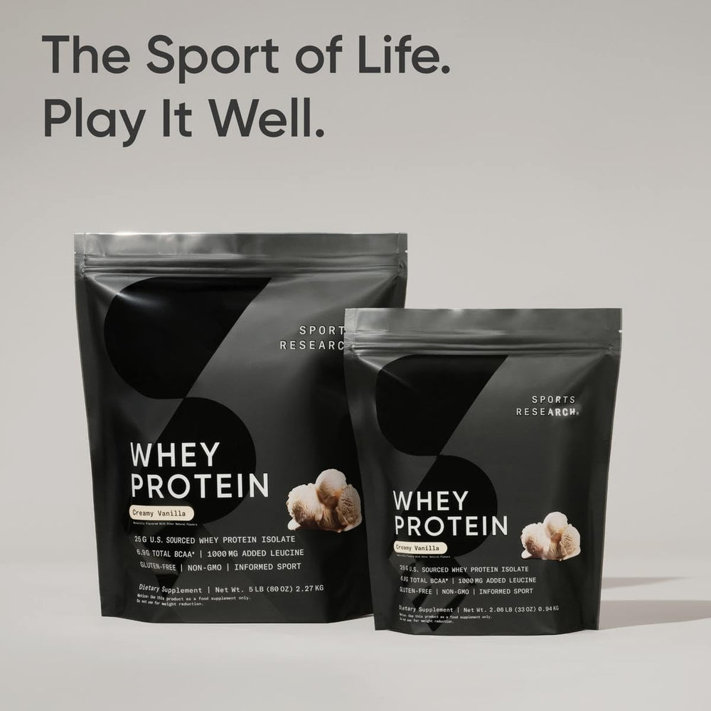 Sports Research Whey Protein Vanilla nutrition label emphasizes high-protein per serving