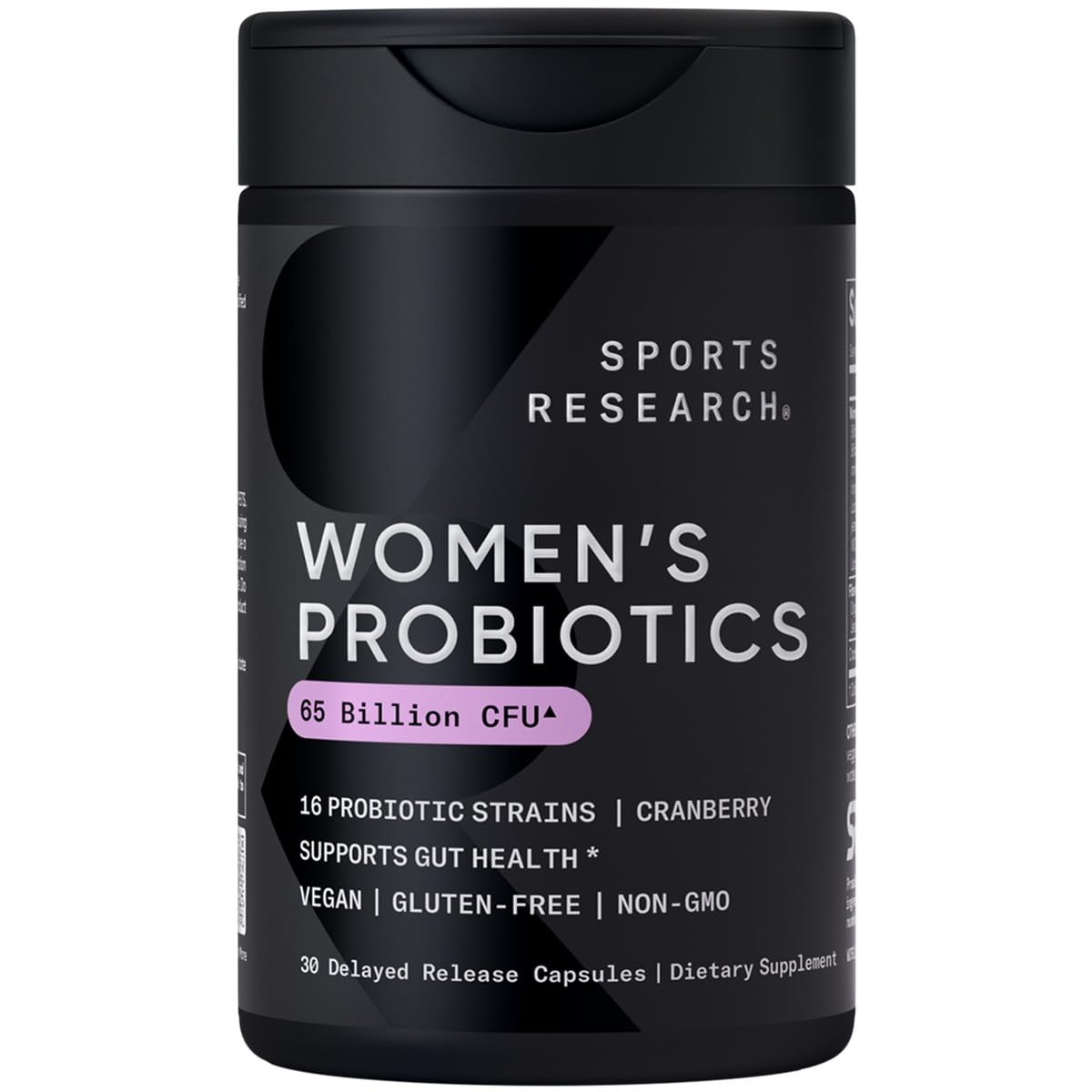 Sports Research women's probiotics bottle featuring 65 billion CFU for daily gut support
