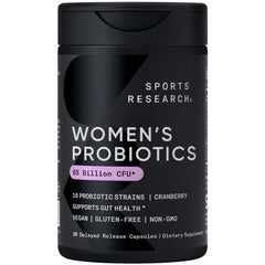 Sports Research women's probiotics bottle featuring 65 billion CFU for daily gut support