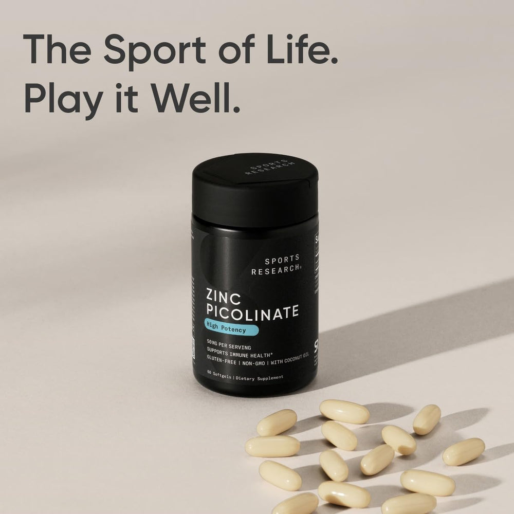 Sports Research Zinc Picolinate daily-use softgel in bottle.