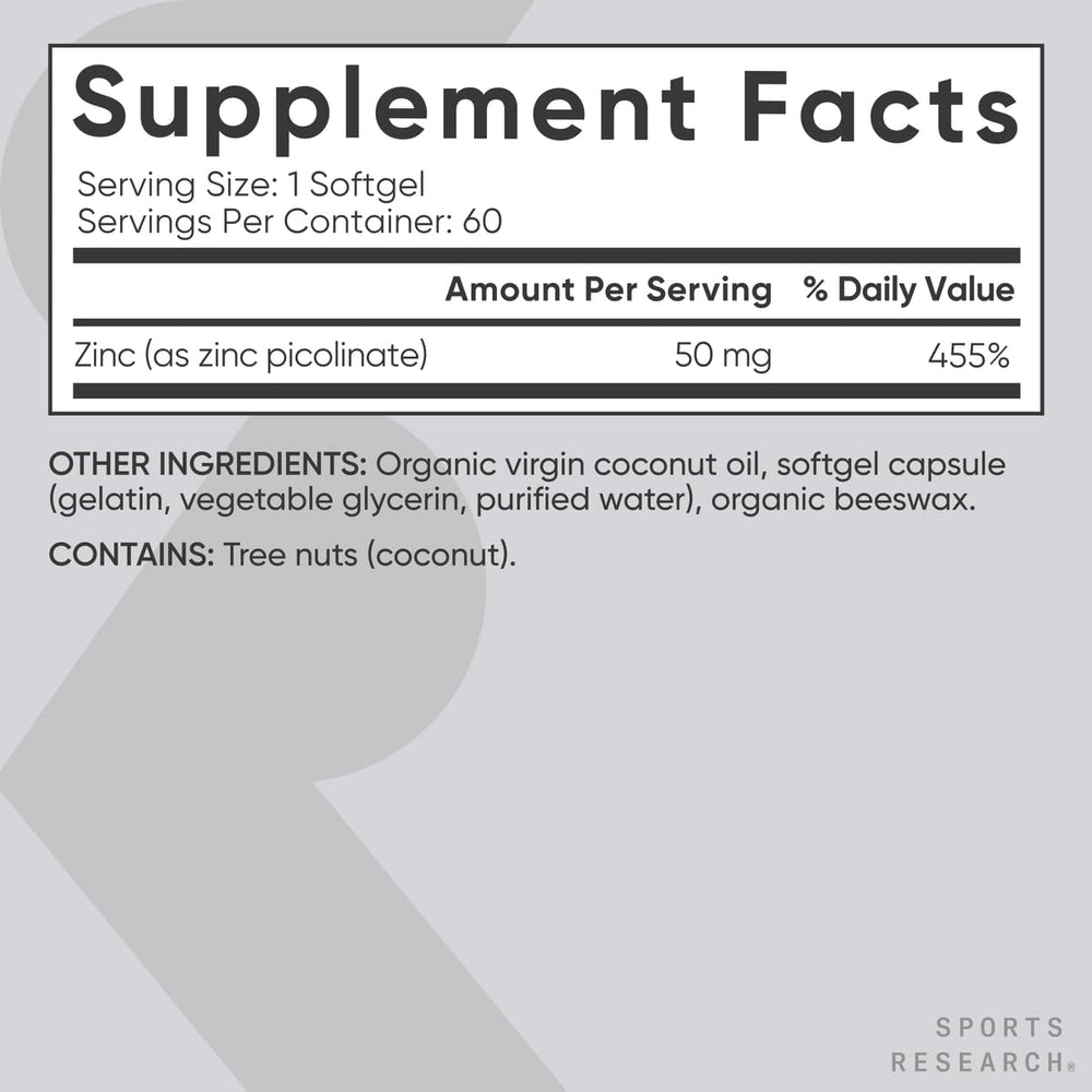 Sports Research Zinc Picolinate manufactured in USA with cGMP standards.
