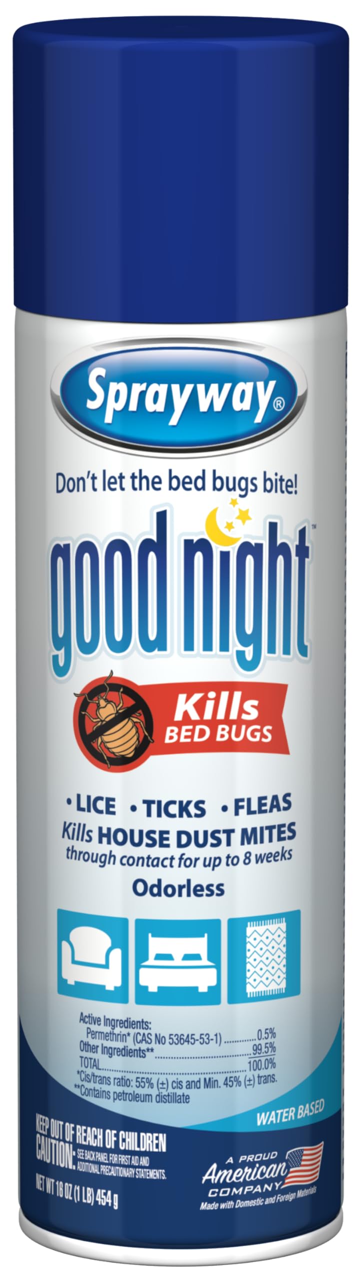 Sprayway Good Night bed bug spray bottle ready for odorless treatment.