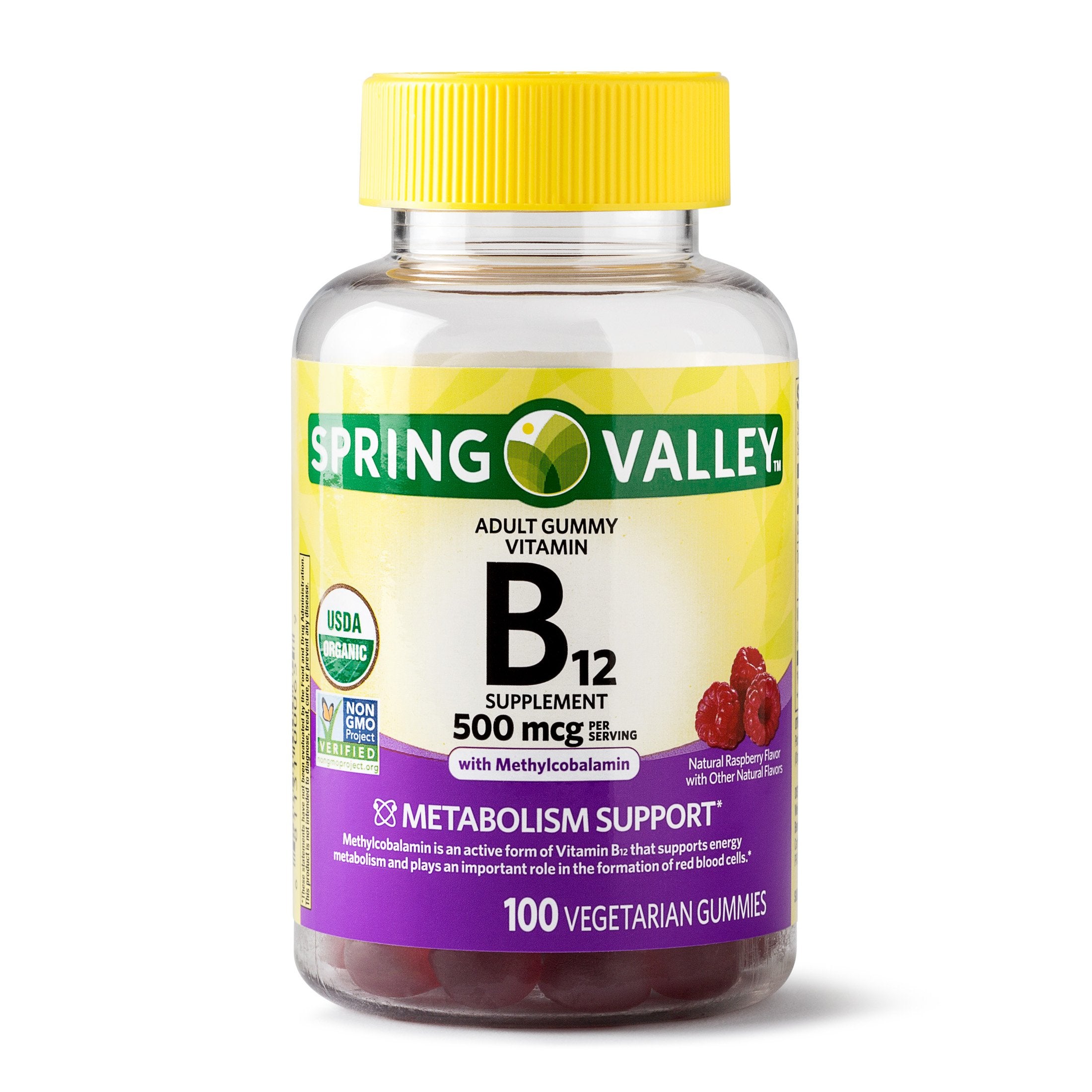 Spring Valley Vitamin B12 gummies pack with natural fruit flavors for metabolism support.