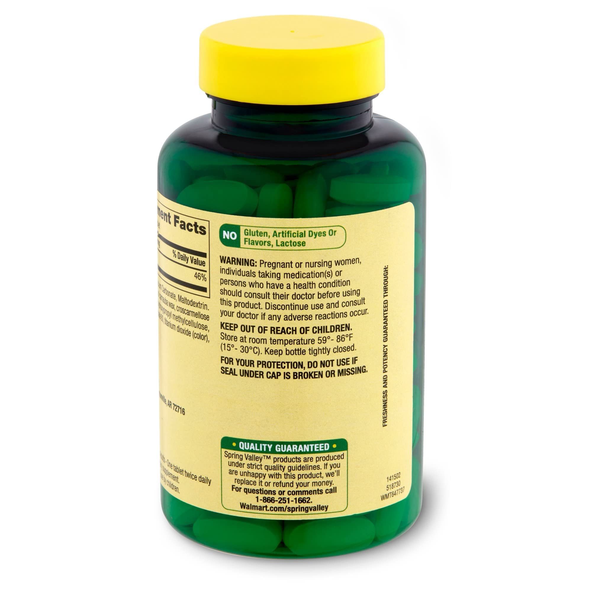 Spring Valley Calcium 600mg bottle side angle for easy handling
