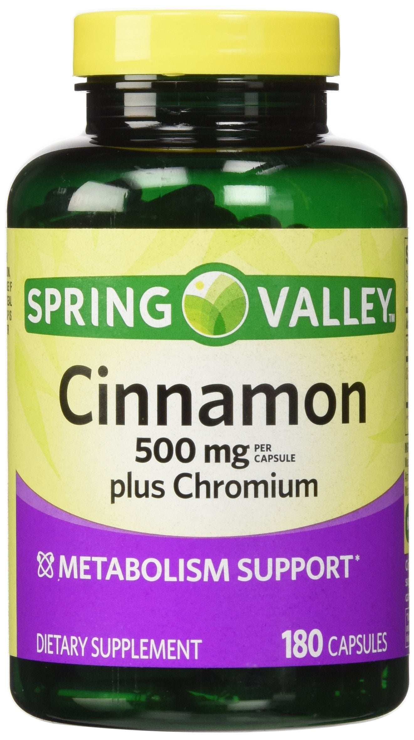 Spring Valley Cinnamon 500mg Plus Chromium bottle front supports daily metabolic balance.