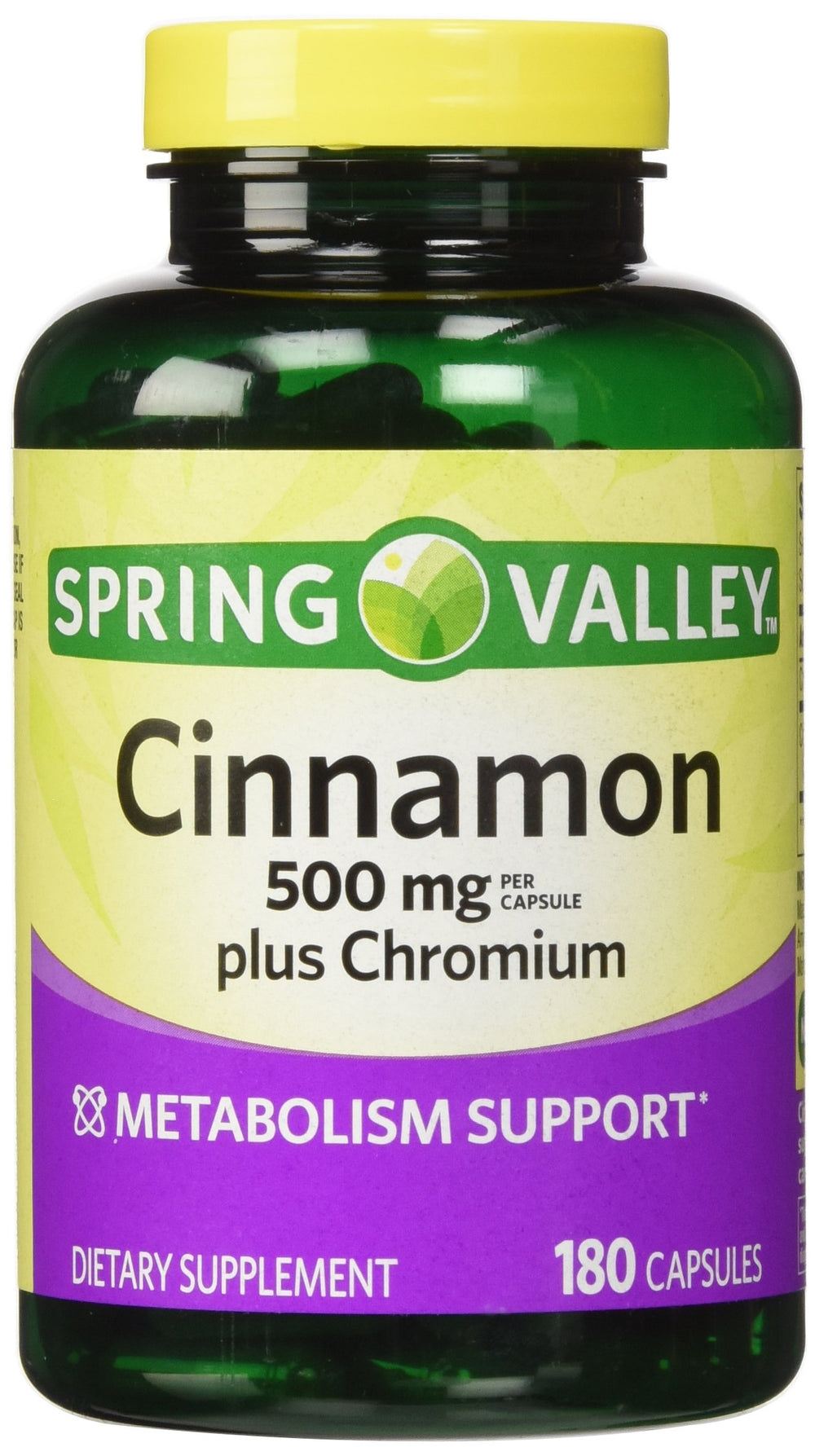 Spring Valley Cinnamon 500mg Plus Chromium bottle front supports daily metabolic balance.