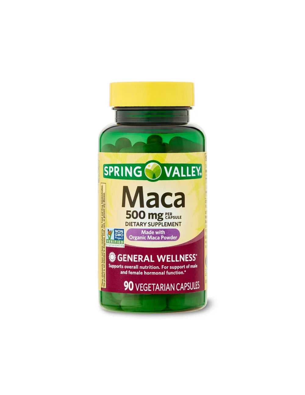 Spring Valley Maca Root 500mg bottle close-up, clear labeling for informed use.