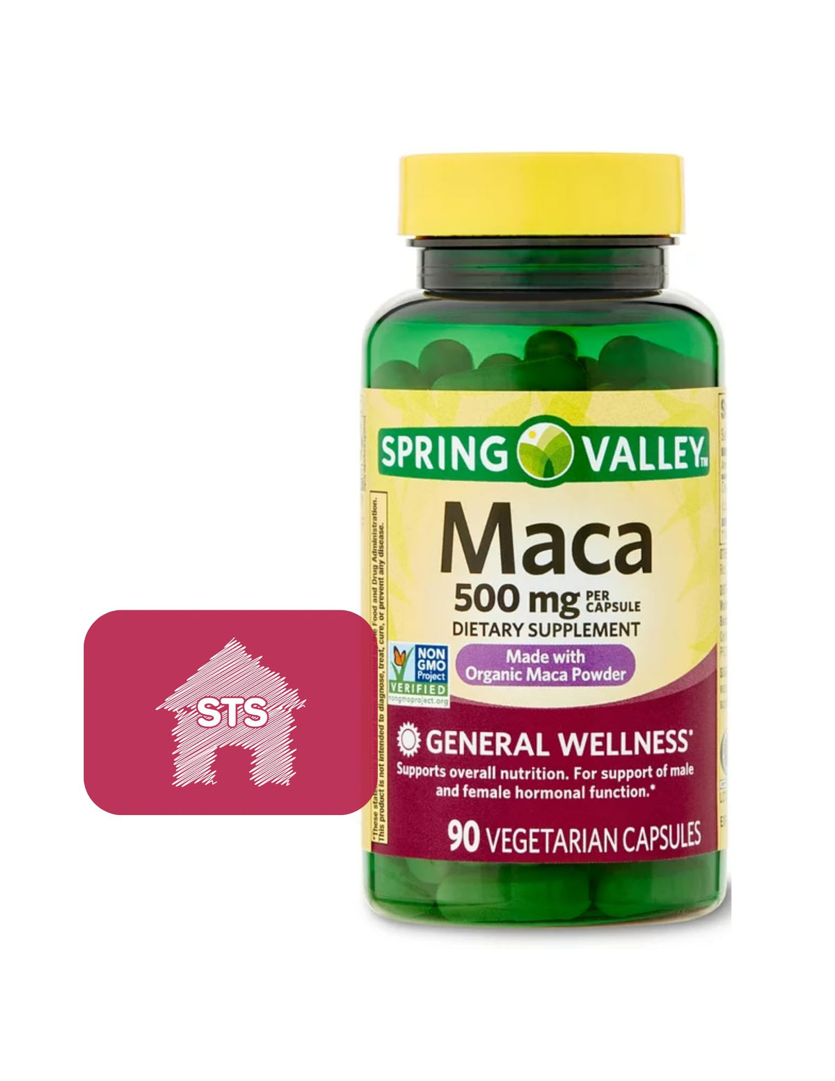 Spring Valley Maca Root 500mg capsules bottle, gluten-free and non-GMO.
