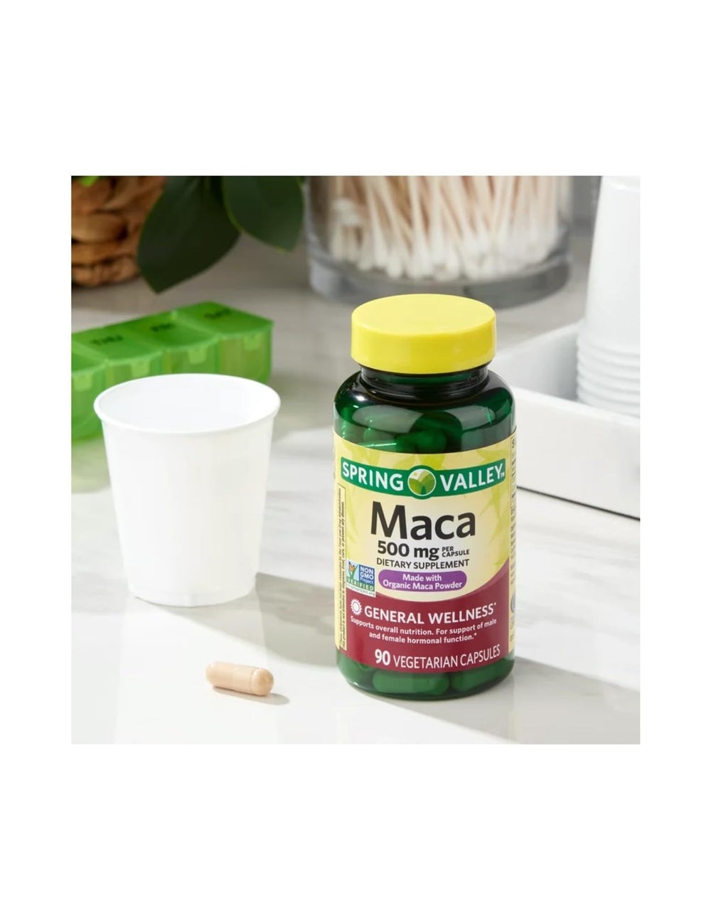 Spring Valley Maca Root 500mg capsules with gluten-free indication on label.