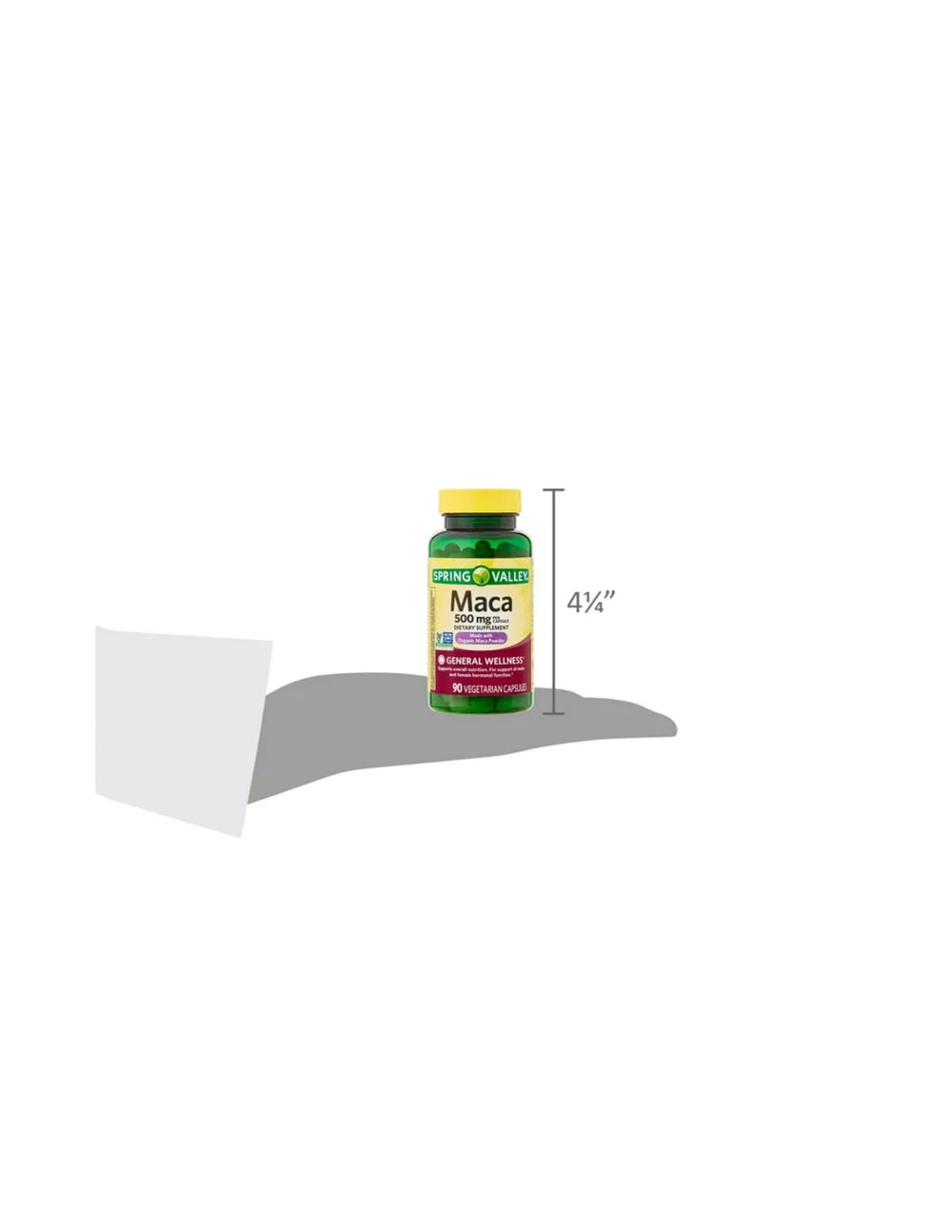 Spring Valley Maca Root 500mg capsules STS sticker visible on packaging.