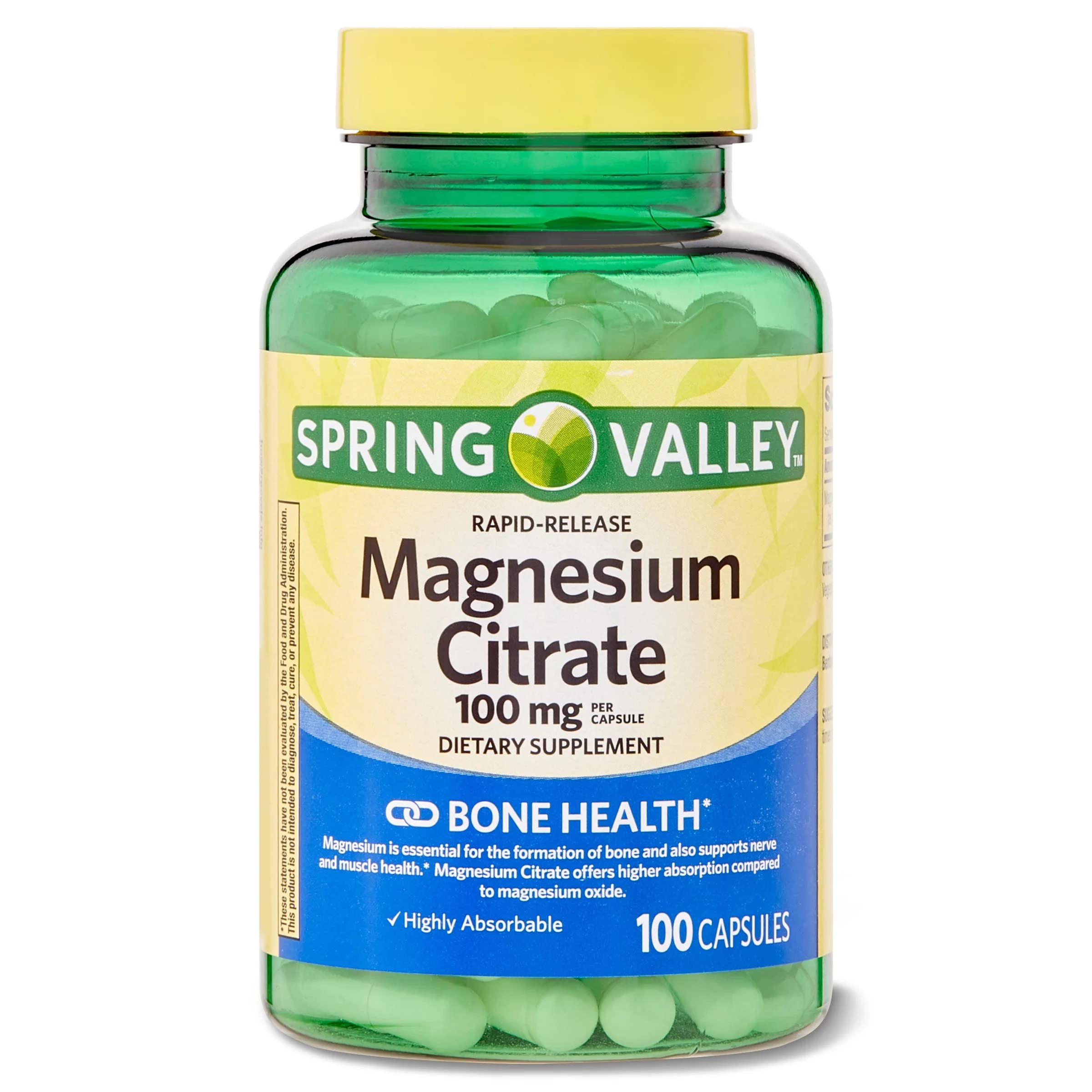 Spring Valley Magnesium Citrate capsules in bottle for rapid-release daily use.