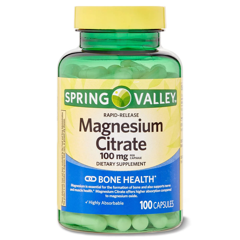 Spring Valley Magnesium Citrate capsules in bottle for rapid-release daily use.