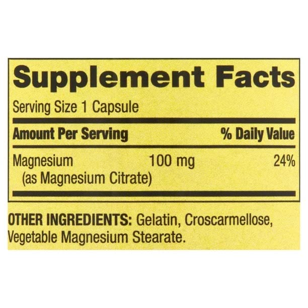 Spring Valley Magnesium Citrate bottle front showing 100 mg per capsule.