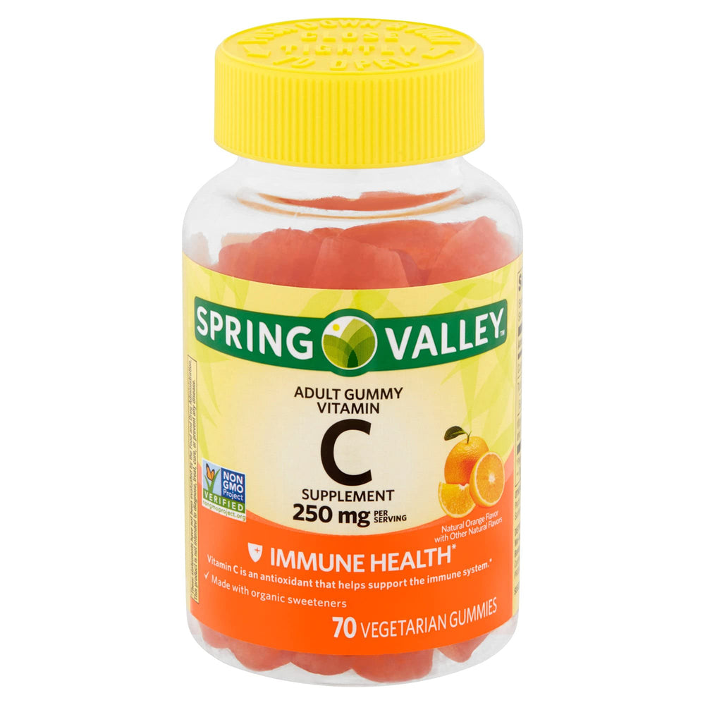 Spring Valley orange gummies close-up, tasty vitamin C boost for daily immunity support.