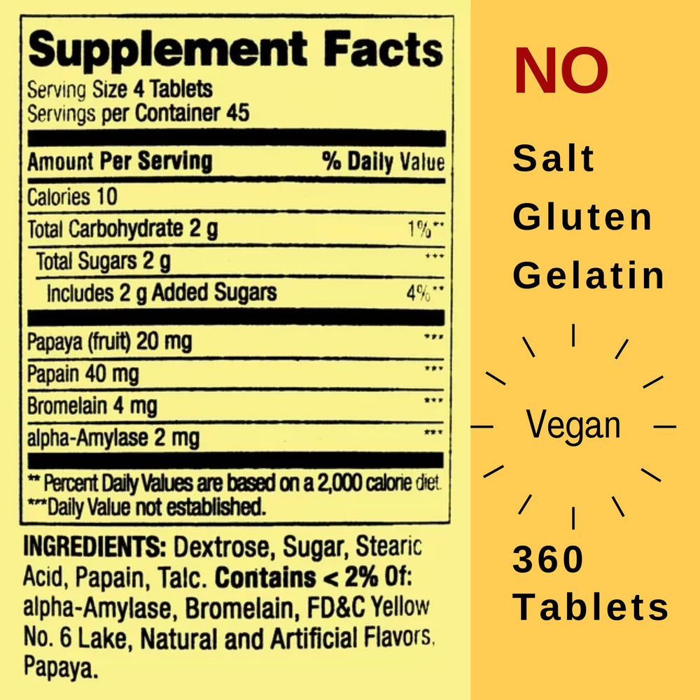 Spring Valley papaya enzyme chewables label close-up showing ingredients for digestion