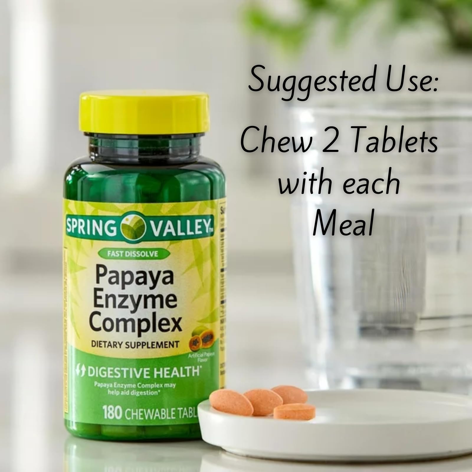 Spring Valley papaya enzyme chewable tablets texture close-up, tasty digestion aid