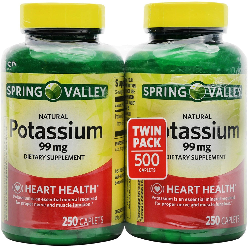 Spring Valley Potassium 99 mg gluconate bottle caplets support muscle function and nerve signaling.