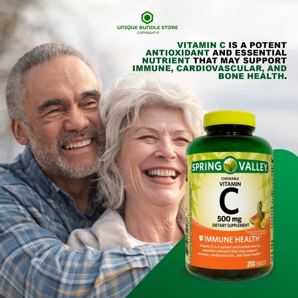 Close-up of Spring Valley Vitamin C chewable tablet with tropical flavor