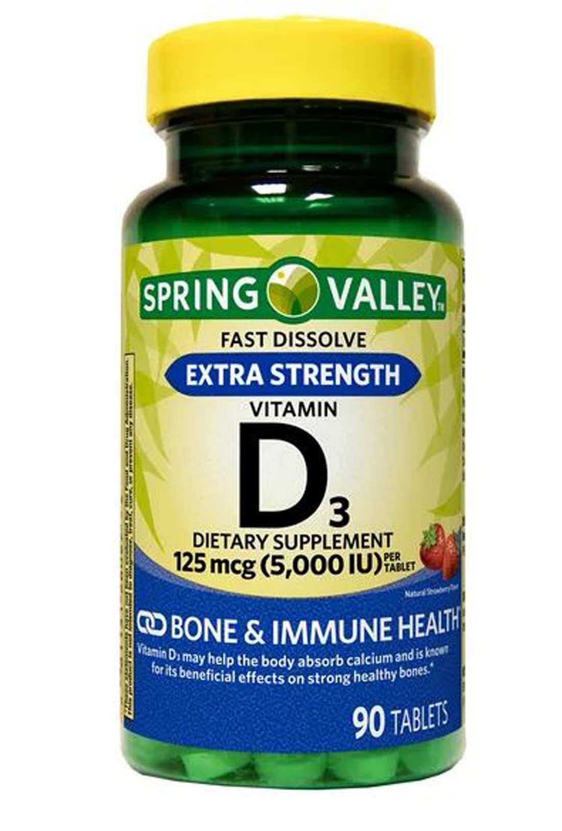 Spring Valley Vitamin D3 fast dissolve bottle with strawberry flavor for daily wellness