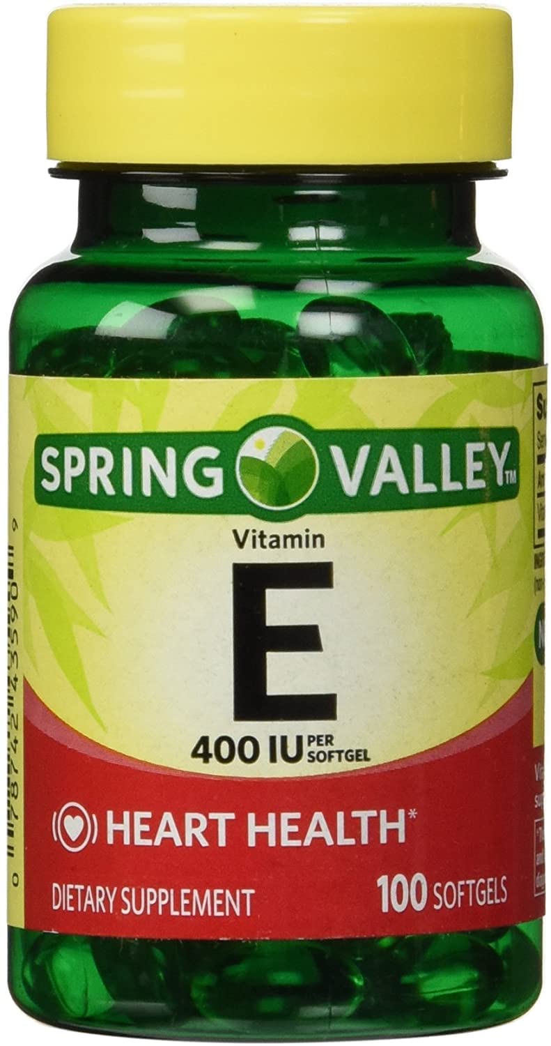 Spring Valley Vitamin E 400 IU softgel bottle for daily antioxidant support and skin health