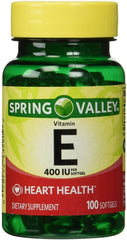 Spring Valley Vitamin E 400 IU softgel bottle for daily antioxidant support and skin health