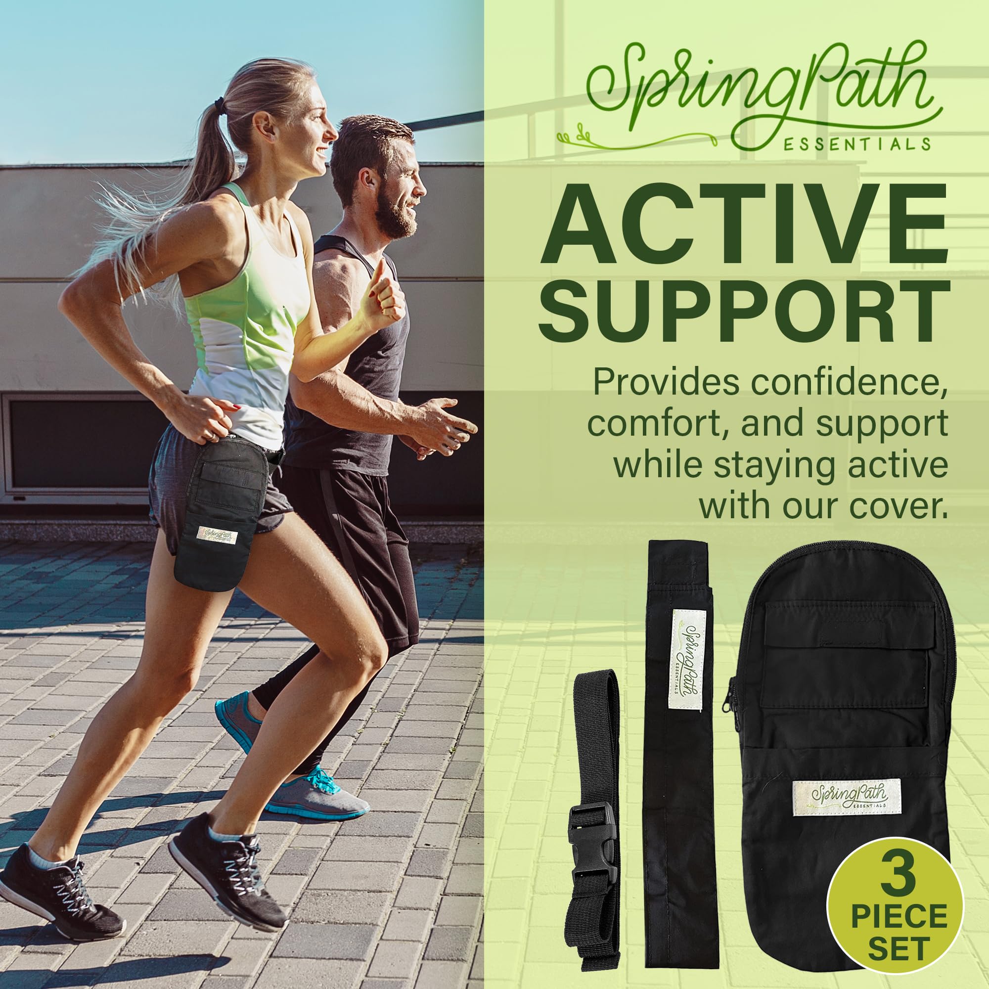 SpringPath adjustable belt supports hands-free wear up to 46 inches.